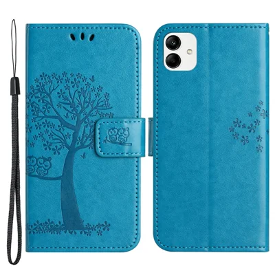 Für Samsung Galaxy A04e 4G / F04 4G / M04 4G Bedrucktes Eulen-Baum-Muster, kratzfestes PU-Leder-Mappe-Viewing-Stand, Anti-Fingerprint-Schutzhülle - Blau