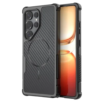 For Samsung Galaxy S24 Ultra Magnetic Case Carbon Fiber Texture PC + TPU Corner Protection Phone Cover - Black