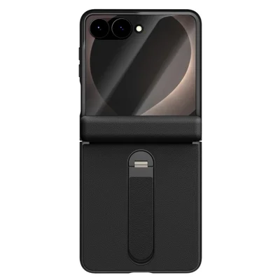 For Samsung Galaxy Z Flip8 Case Magnetic Hinge Kickstand Leather + PC Phone Cover with Tempered Glass Film - Black