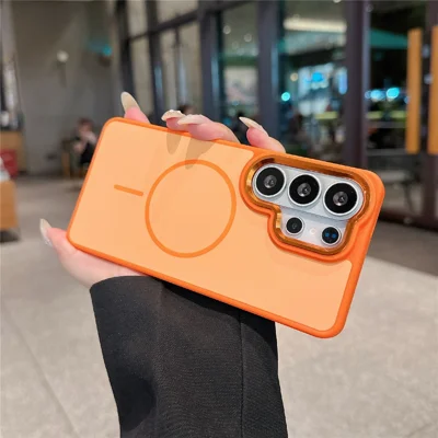 For Samsung Galaxy S25 Ultra Magnetic Case PC + TPU Dual-Layer Shockproof Cover with Metal Camera Frame - Orange