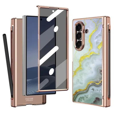 For Samsung Galaxy Z Fold8 Ultra Magnetic Case Marmorstruktur Hinge-beskyttelse Telefonbeskyttelse med Anti-Peep Film og Stylus - Hvid+Guld
