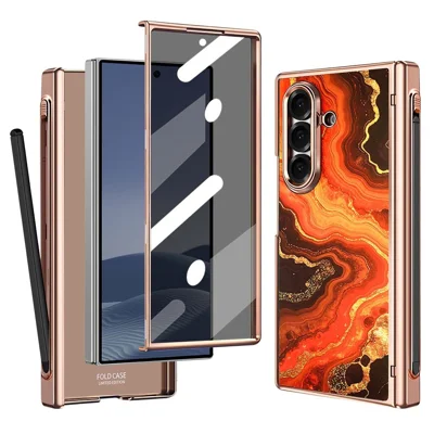Voor Samsung Galaxy Z Fold8 Ultra Magnetische Case Marmeren Patroon Scharnierbescherming Telefoonhoesje met Anti-Kijkfilm en Stylus - Oranje+Goud