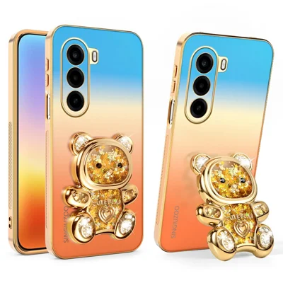SINGIUZOO pour OnePlus Nord CE6 Lite 5G / Turbo 6X 5G / Realme P4x 5G Coque avec Support Ourson Pailleté, Couleur Dégradée Métallisée, Coque Téléphone en PC + TPU - Orange