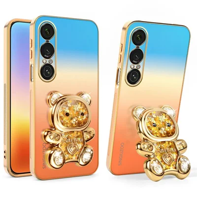 SINGIUZOO pour Sony Xperia 1 VII Étui à Motif d'Ours avec Support Rotatif Pailleté, Couleur Dégradée Electroplacage, Coque Téléphone en PC + TPU - Orange