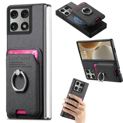 Чехол для Motorola Razr Fold 5G, текстура ткани, кожа + PC + TPU, с отсоединяемой магнитной подставкой-кольцом и держателем карт — черный