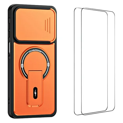 WANLONFENG Série BT pour étui Samsung Galaxy A08 4G / A07 4G avec couvercle coulissant pour objectif, support pivotant, housse de protection en PC + TPU avec 2 films en verre trempé - Orange