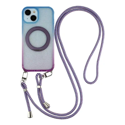 For iPhone 13  /  14  /  15 Case with 150cm Lanyard , Ring Kickstand Gradient Glitter PC + TPU Phone Cover - Blue  /  Purple