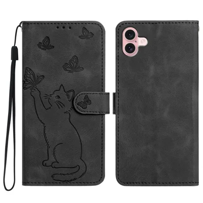 For iPhone 16 Plus Wallet Case Imprinted Cat Butterfly Leather Phone Cover with Wrist Strap - Black
