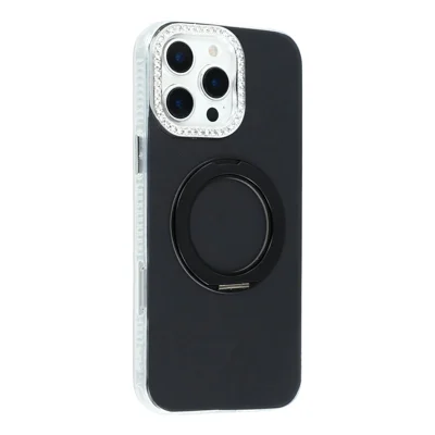 For iPhone 16 Pro Max Case Rotating Kickstand PC + TPU IMD Protective Cover with Rhinestones Camera Frame - Black