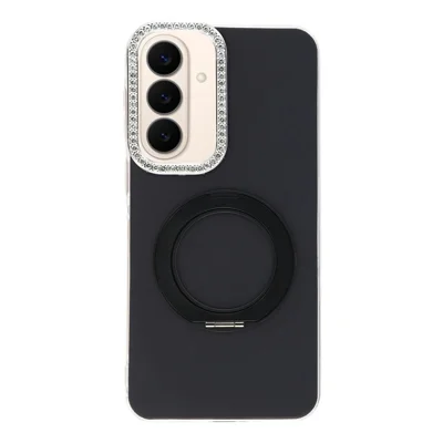Phone Case For Samsung Galaxy A26 5G / A18 4G / A18 5G / A17 4G / A17 5G Rotating Kickstand PC + TPU IMD Protective Cover with Rhinestones Camera Frame - Black