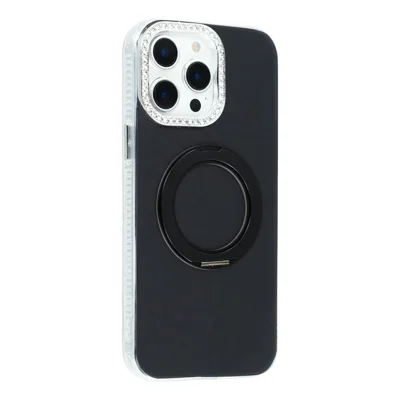 For iPhone 15 Pro Max Case Rotating Kickstand PC + TPU IMD Protective Cover with Rhinestones Camera Frame - Black