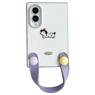 For Samsung Galaxy Z Fold8 Case Cartoon Dachshund Charm PU Leather + PC Protective Phone Cover with Hand Strap - White