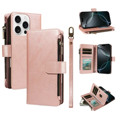 Leren hoesje voor iPhone 16 Pro Max met 9 kaartvakken, ritsvak en telefoonhoesje met polsbandje - Roségoud