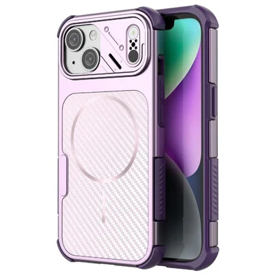 For iPhone 15 Magnetic Case Carbon Fiber Texture PC + TPU Corner Protection Phone Cover - Purple