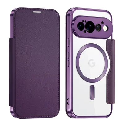 Étui magnétique pour Google Pixel 11 Pro, étui en cuir avec porte-cartes, protection RFID et film de lentille - Violet foncé