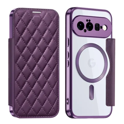 For Google Pixel 11 Magnetic Case RFID Blocking Card Holder Rhombus PU Leather Phone Cover with Lens Film - Dark Purple