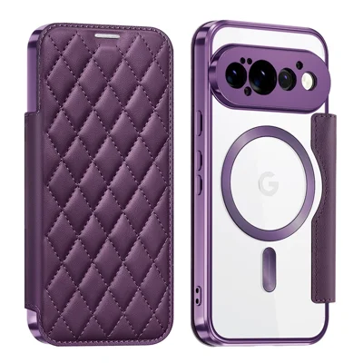 For Google Pixel 11 Pro Magnetic Case RFID Blocking Card Holder Rhombus PU Leather Phone Cover with Lens Film - Dark Purple
