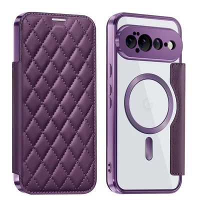 For Google Pixel 11 Pro XL Magnetic Case RFID Blocking Card Holder Rhombus PU Leather Phone Cover with Lens Film - Dark Purple