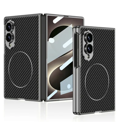 GKK pour Samsung Galaxy Z Fold8 Étui Magnétique en Cuir PU + PC avec Revêtement en Verre Trempé - Texture Fibre de Carbone