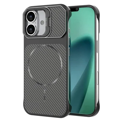 For iPhone 17 Magnetic Case with Lens Frame Kickstand Carbon Fiber Texture Hard PC Half-Wrapped Phone Cover - Black