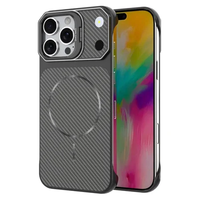 For iPhone 16 Pro Magnetic Case with Lens Frame Kickstand Carbon Fiber Texture Hard PC Half-Wrapped Phone Cover - Black