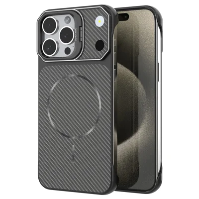 For iPhone 15 Pro Max Magnetic Case with Lens Frame Kickstand Carbon Fiber Texture Hard PC Half-Wrapped Phone Cover