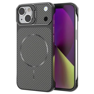 For iPhone 13  /  14 Magnetic Case with Lens Frame Kickstand Carbon Fiber Texture Hard PC Half-Wrapped Phone Cover - Black