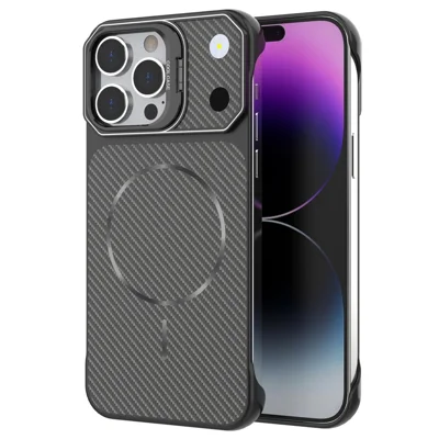 For iPhone 14 Pro Max Magnetic Case with Lens Frame Kickstand Carbon Fiber Texture Hard PC Half-Wrapped Phone Cover - Black