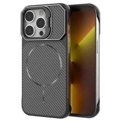 For iPhone 13 Pro Magnetic Case with Lens Frame Kickstand Carbon Fiber Texture Hard PC Half-Wrapped Phone Cover - Black