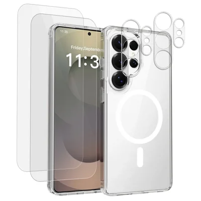 Funda magnética para Samsung Galaxy S26 Ultra, carcasa transparente de TPU + acrílico con 2 protectores de lente de cámara y 2 protectores de pantalla de vidrio templado - Transparente