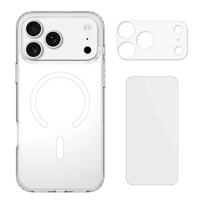 For iPhone 18 Pro Max Magnetisk Case TPU + Akryl Gennemsigtig Telefonbeskyttelse med 2 stk. Kamerabeskyttelse + 2 stk. Hærdet Glas Skærmprotector - Transparent