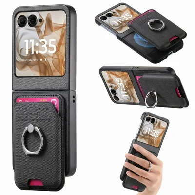 Магнитный чехол для Motorola Razr 50 5G / Razr 60 / Razr 70 с текстурой твила, кожаная задняя крышка с кармашком для карт — черный