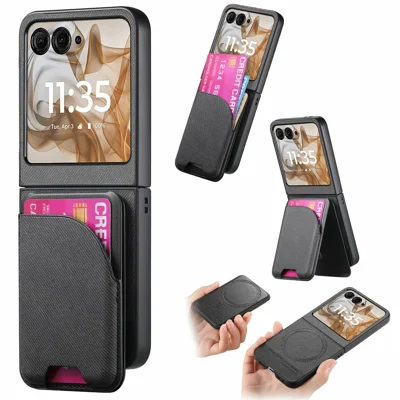 Магнитный чехол для Motorola Razr 70 / Razr 60 / Razr 50 5G с подставкой, текстурой денимовой ткани, кожаный чехол с отсоединяемым держателем карт — черный