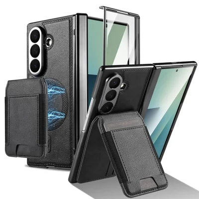 For Samsung Galaxy Z Fold8 Ultra Magnetic Case Detachable Card Holder Kickstand Leather + PC Phone Cover with Tempered Glass Film - Black