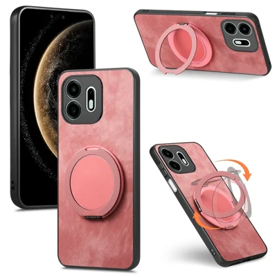 Voor OnePlus N6 4G Stressverlagende Retro Leren Achterkant Hoesje met Draaibare Standaard - Roze