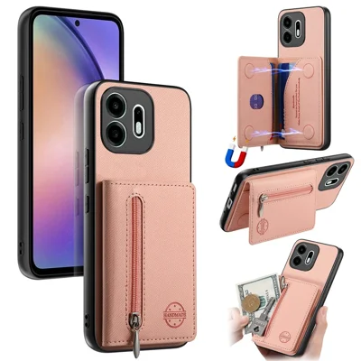 Voor OnePlus N6 4G Hoesje Ritskaarthouder Staander Jeansstofstructuur Leren Telefoonachterkant - Roze