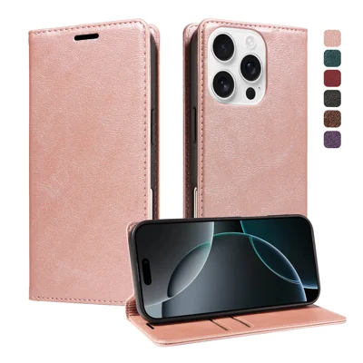 For iPhone 16 Pro Wallet Case RFID Blocking Card Slots Stand Magnetic Closure Leather Phone Cover - Rose Gold