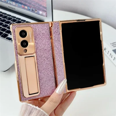 For Samsung Galaxy Z Fold8 Case Kickstand Glitter PC Phone Cover with Tempered Glass Screen Protector - Pink