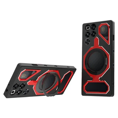 Phone Case for ZTE nubia Red Magic 10 Pro 5G / Magic 10 Pro+ 5G / Magic 10S Pro 5G / Magic 10S Pro+ 5G Magnetic Rotating Kickstand TPU + Aluminium Alloy Shockproof Cover - Black+Red
