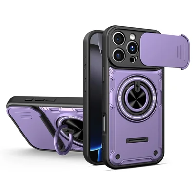 For iPhone 16 Pro Magnetic Case Sliding Camera Cover TPU+PC Phone Cover with Rotating Kickstand - Purple