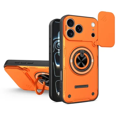 Etui magnetyczne na iPhone'a 17 Pro Max z przesuwną osłoną aparatu, pokrywa TPU+PC z obrotową podstawką - Pomarańczowy