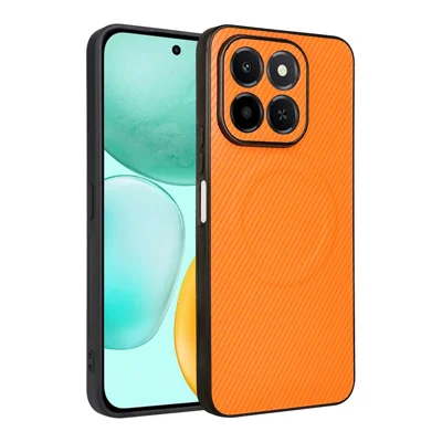 Voor Honor X6c 4G / Play 9C Hoesje Koolstofvezelstructuur Leerlaag TPU PC Telefoonhoesje met Metalen Ring voor Magnetische Autohouder - Oranje
