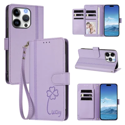 Für iPhone 16 Pro Brieftaschenhülle mit 9 Kartenfächern, Glücksklee-Prägung, Ledertelefonhülle mit Handschlaufe - Helllila