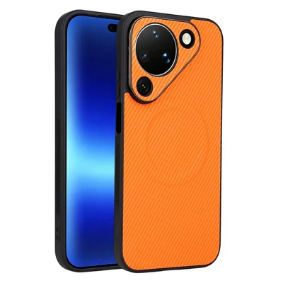 For Huawei Pura 90 Case Carbon Fiber Texture Leather Coated TPU PC Phone Cover with Metal Ring for Magnetic Car Mount - Orange