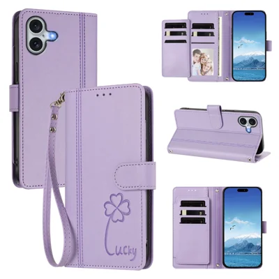  For iPhone 16 Plus Wallet Case 9 Card Slots Lucky Clover Imprint Leather Phone Cover with Wrist Strap - Light Purple