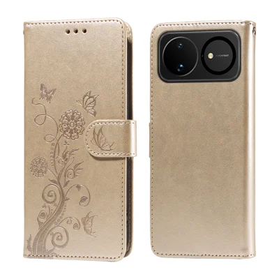 For Huawei nova 16 5G Læderetui med Butterfly Floral Print, Wallet og Stå - Guld