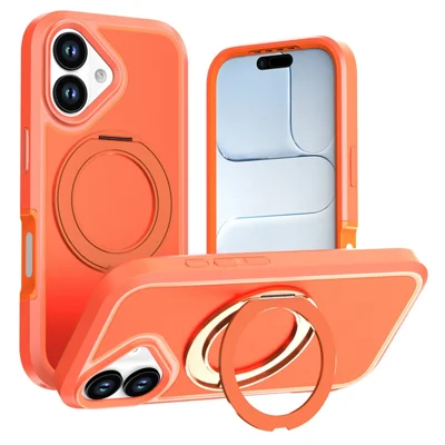 For iPhone 17 Magnetic Case Rotating Kickstand PC + TPU Anti-Drop Phone Cover - Orange