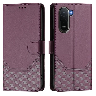  Custodia per Xiaomi Redmi A7 Pro 4G (171,56 mm) / Xiaomi Redmi A7 Pro 5G / Xiaomi Poco C85x 5G / Xiaomi Poco C81 4G, Copertura in Pelle con Motivo Esagonato, Funzione RFID Blocking e Cinghia - Viola Scuro