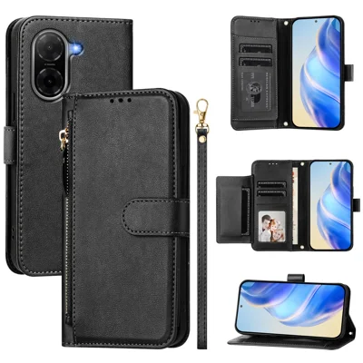  For Xiaomi Redmi A5 4G (Global) (171.8mm) / Xiaomi Redmi A7 4G Case Zipper Pocket Multiple Card Slots Leather Phone Cover - Black