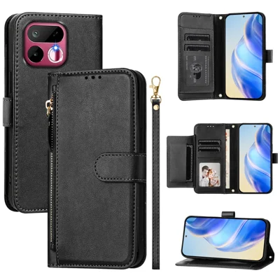 Étui pour Realme 16T 5G avec poche à fermeture éclair, emplacements multiples pour cartes, housse en cuir - Noir